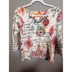 Ruby Rd. Women's Multicolor Abstract Print Beaded Neckline 3/4 Sleeve Top Size M